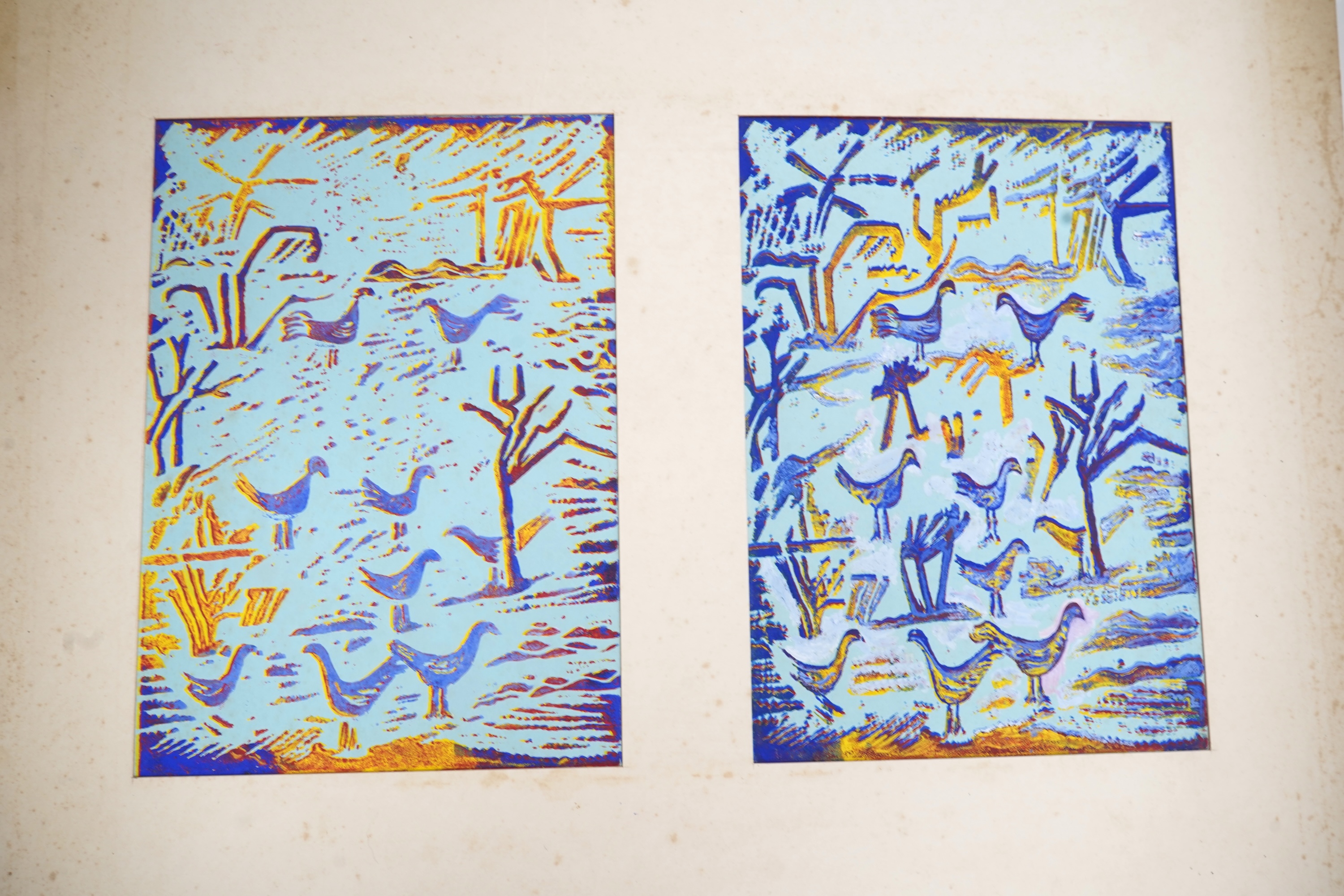 Andrew Chrysafi (b.1938), Abstract compositions to include ‘Burning Giraffe’, a collection linocuts, most signed, mounted, unframed, largest 31 x 32cm